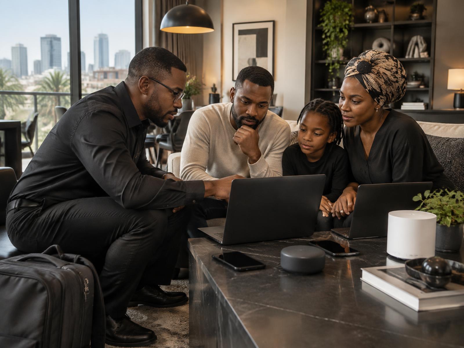 Dicotel advisor helping a household secure laptops phones and home network devices