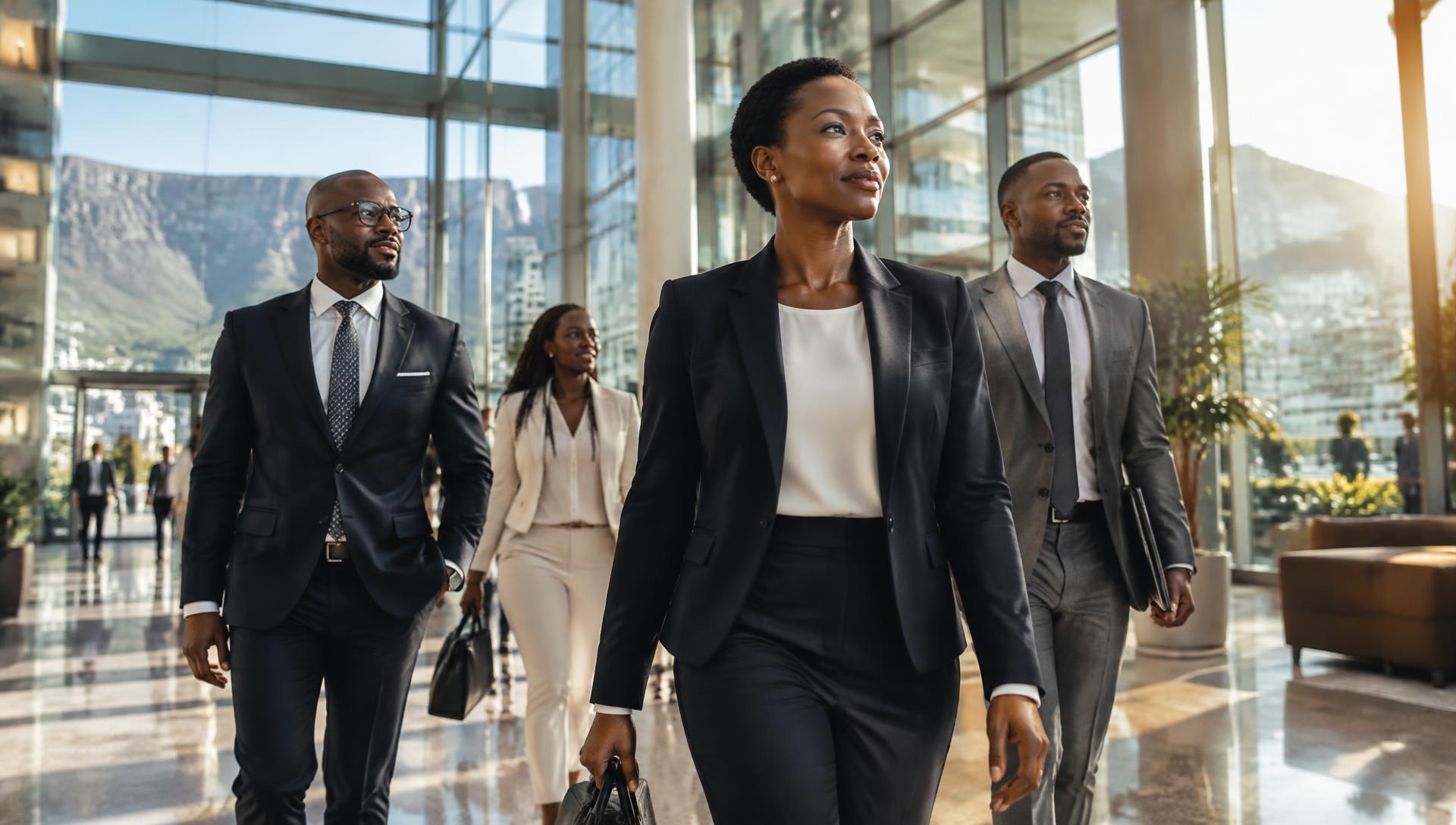 FNA Group executives walking through a Cape Town headquarters atrium